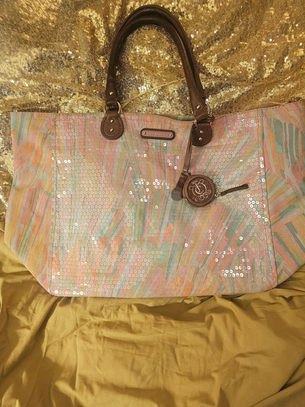 Juicy Couture Pastel Sequin Tote with Brown Handles